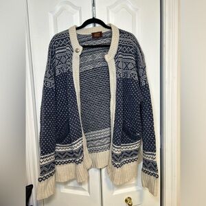 Vintage Nordic Fair Isle Knit Cardigan Sweater Navy & Cream Chunky Wool Blend
